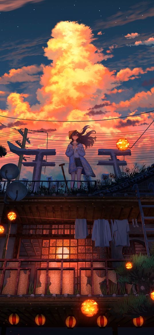 girl, house, lanterns, clouds, sky, sunset, japan, anime, art