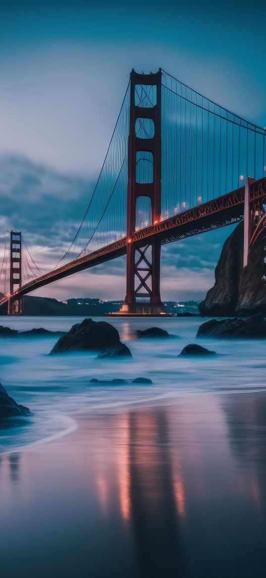 stones, coast, river, bridge, mountains, clouds, sky, evening, nature, ai, art