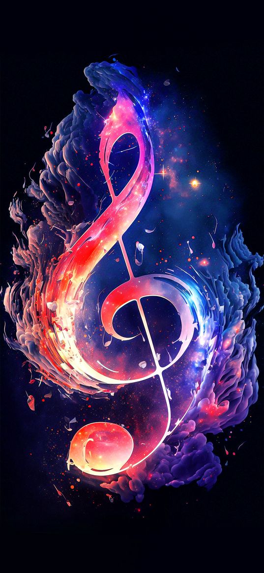 treble clef, note, music, clouds, stars, space, bright, colorful, ai, art