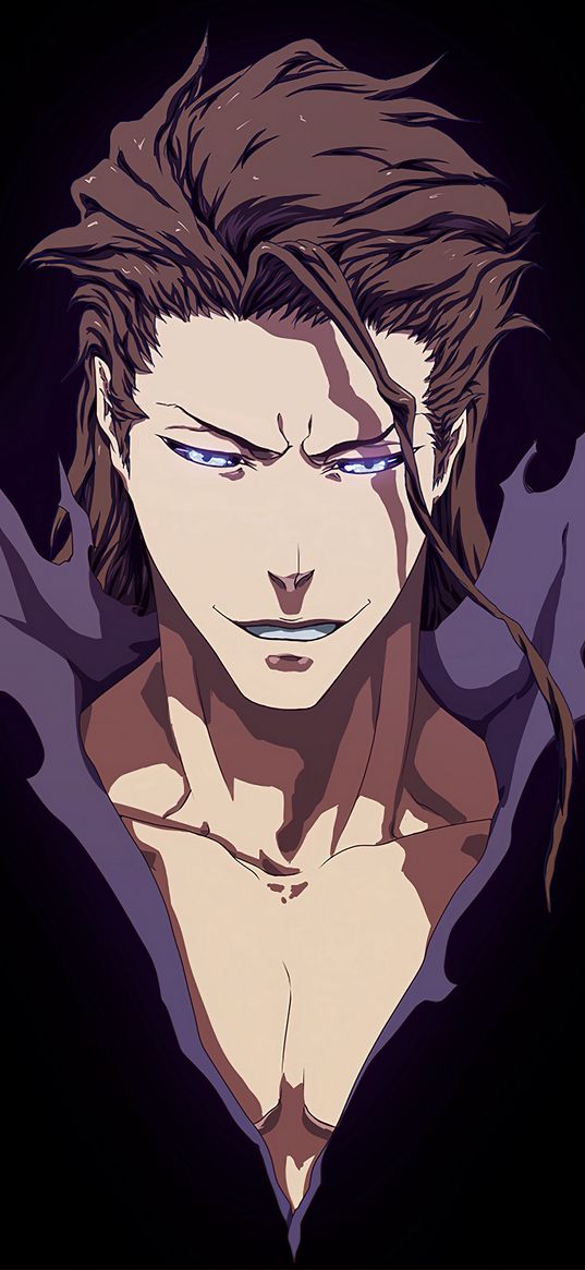 sosuke aizen, bleach, anime, guy, angry, smile, black background, art