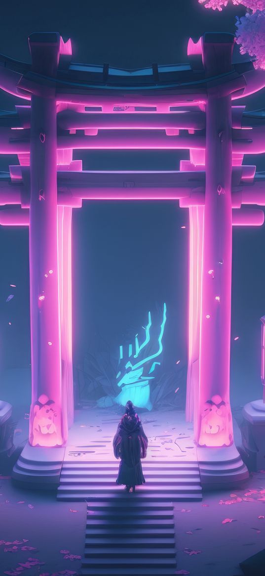 samurai, torii, gates, temple, trees, neon, purple, ai, art