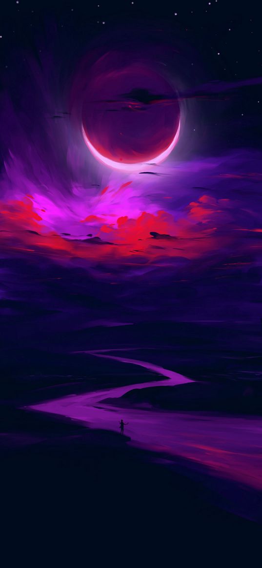 man, river, valley, horizon, darkness, clouds, moon, eclipse, purple sky, ai, art