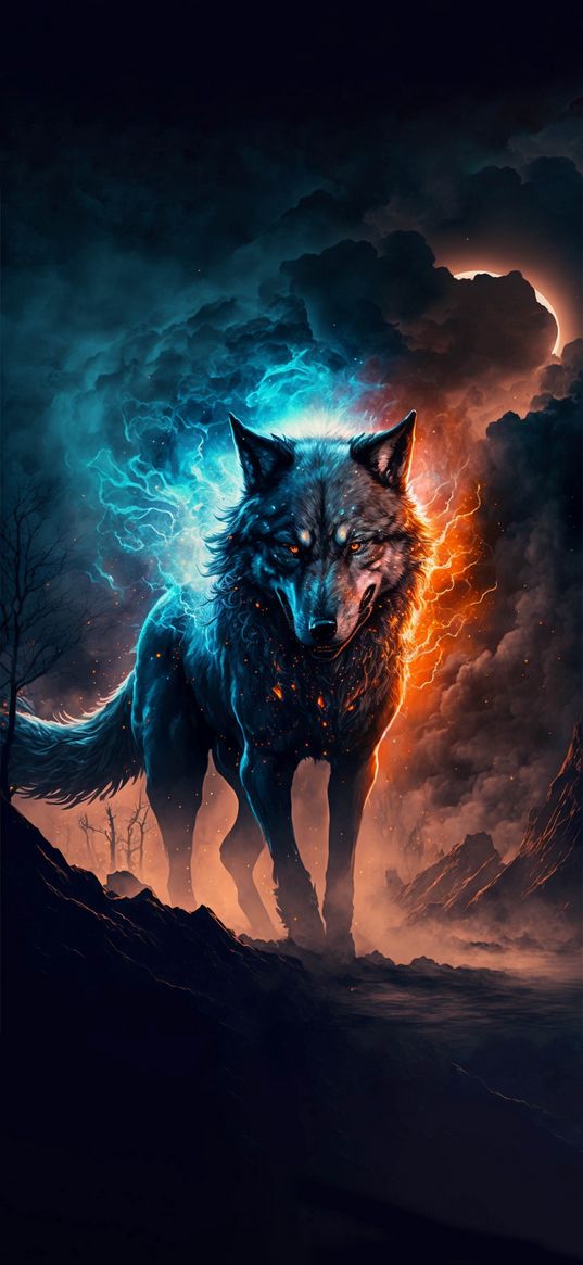 wolf, fire, lightning, blue, red, clouds, predator, animal, fantasy, ai, art