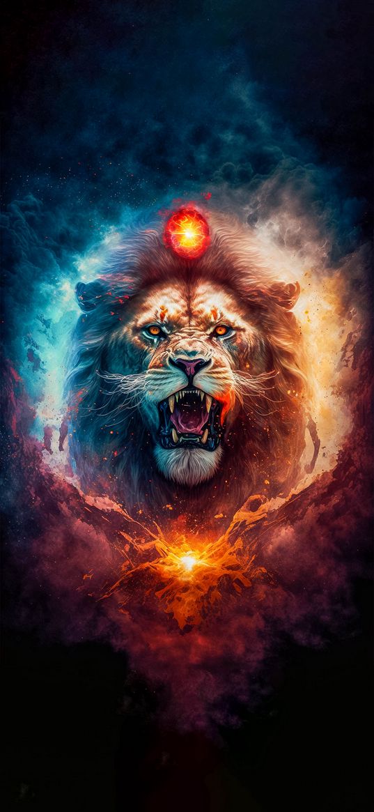 lion, predator, head, clouds, fireball, animal, fantasy, art