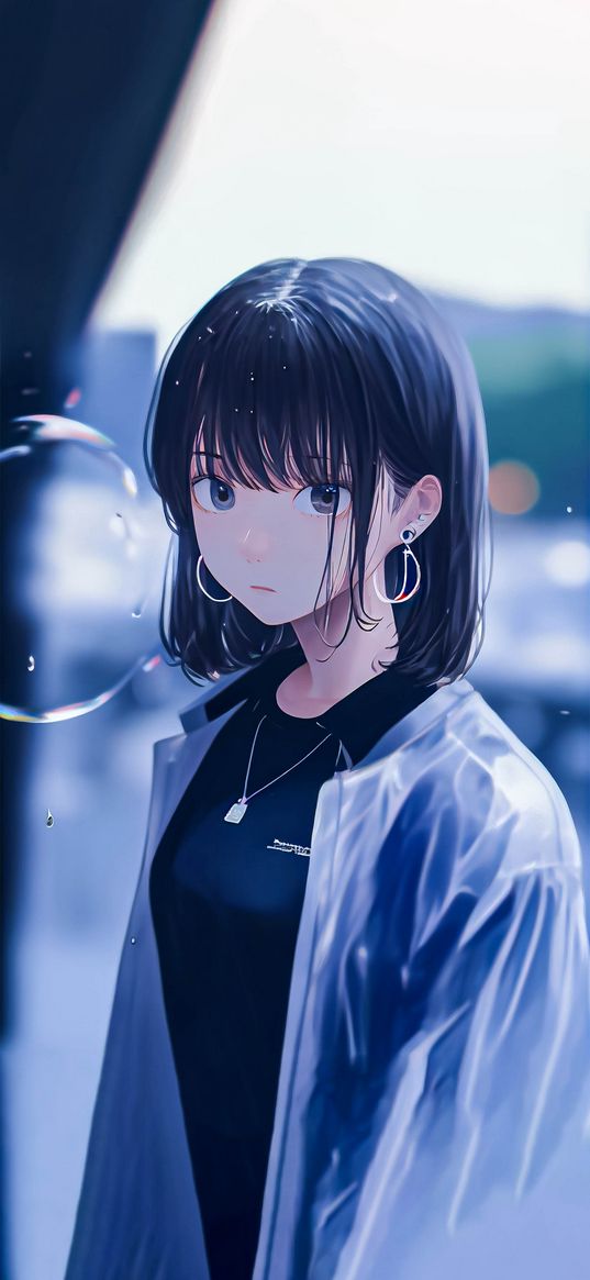 girl, sweet, sad, short hair, earrings, jacket, bubble, drops, anime, ai, art