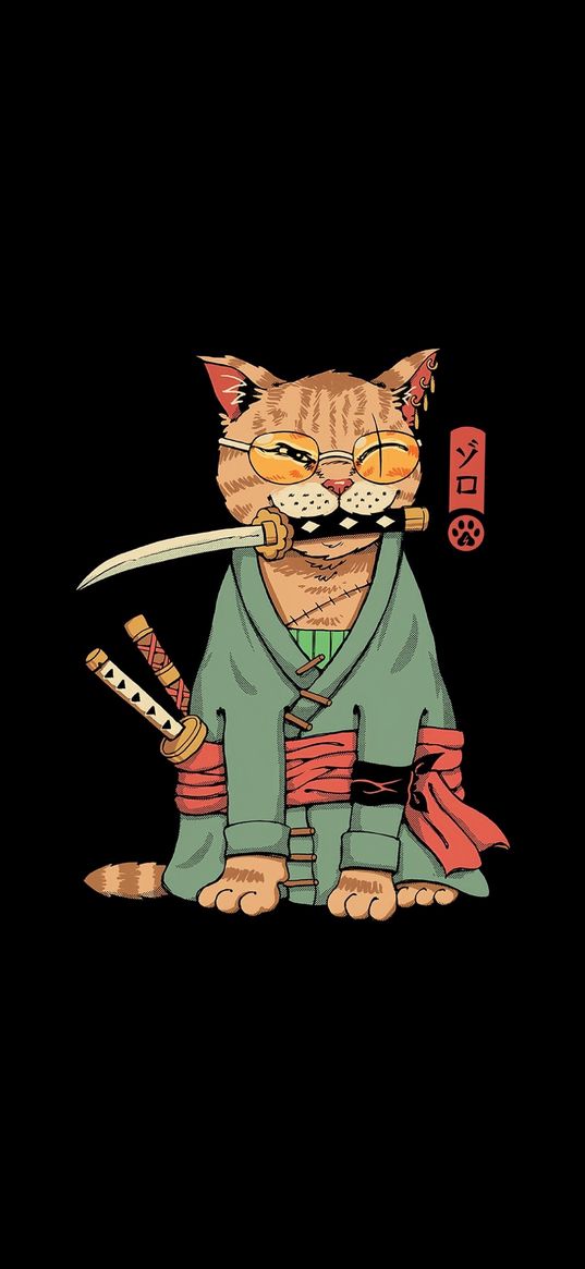 cat, samurai, katana, kimono, glasses, hieroglyphs, black background, art