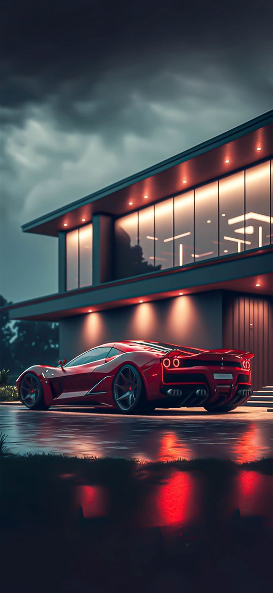 sports car, car, red, house, clouds, night, ai, art