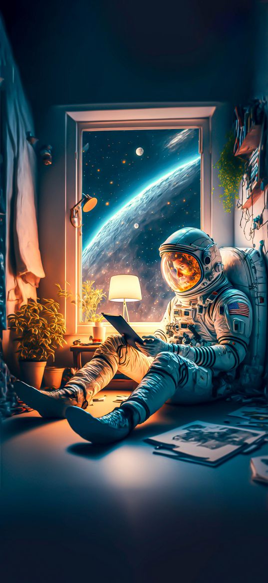 astronaut, tablet, flowers, room, window, planet, space, fantasy, art