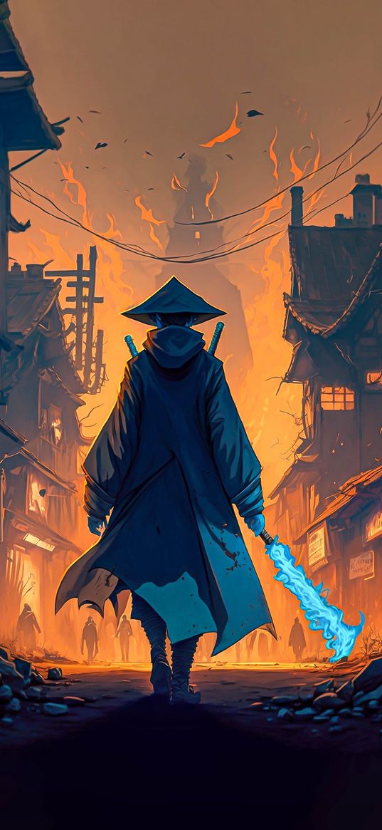 ninja, sword, samurai, fantasy art, illustration, fire