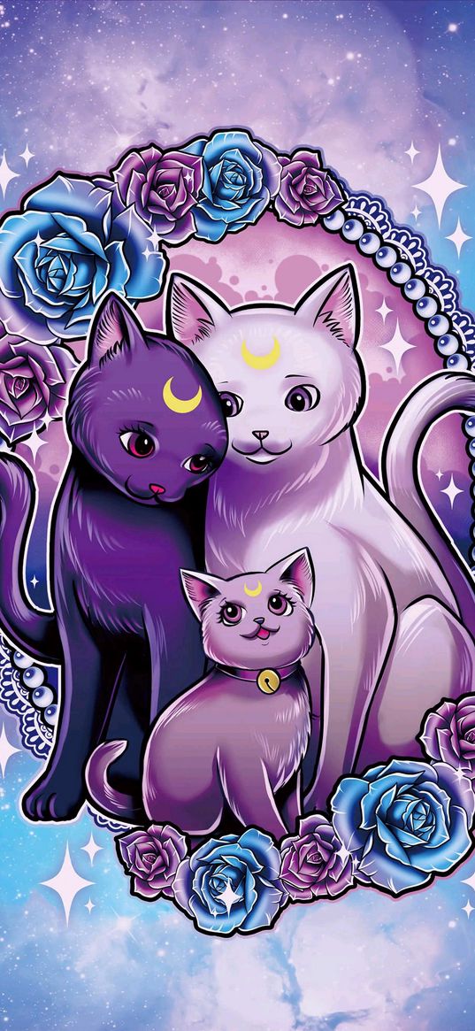 luna, artemis, diana, sailor moon, anime, characters, cats, family, roses, sparkles