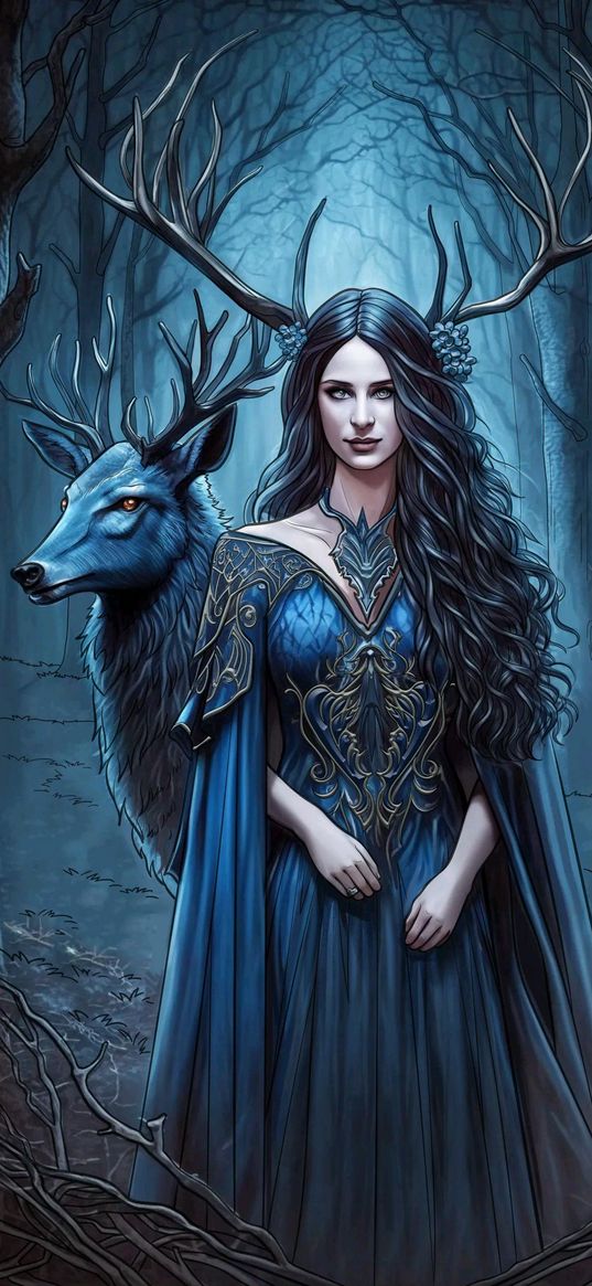 girl, deer, horns, trees, forest, branches, art, blue, dark