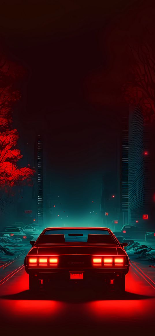 car, road, city, trees, retrowave, red, blue