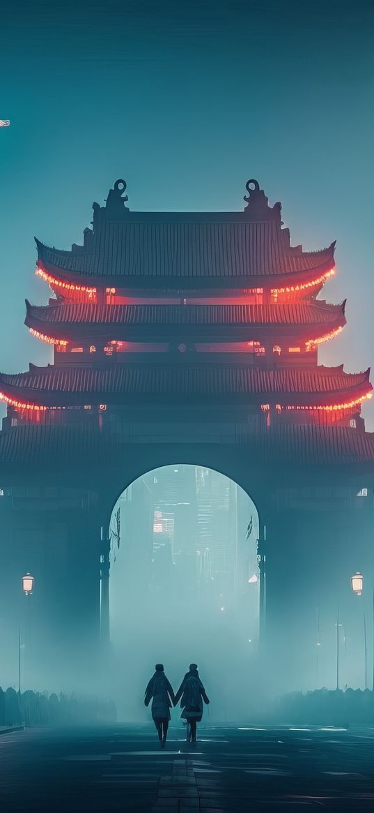 street, city, china, gate, night, fog, people, art