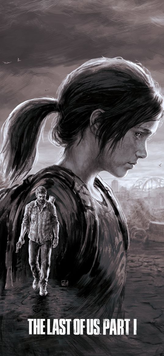 the last of us, game, ellie, joel, characters, poster, black and white