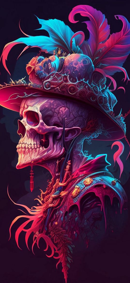 skull, hat, feathers, patterns, color, art