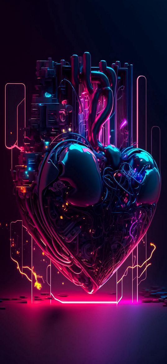 heart, electronics, stripes, titanium, 3d, art, dark