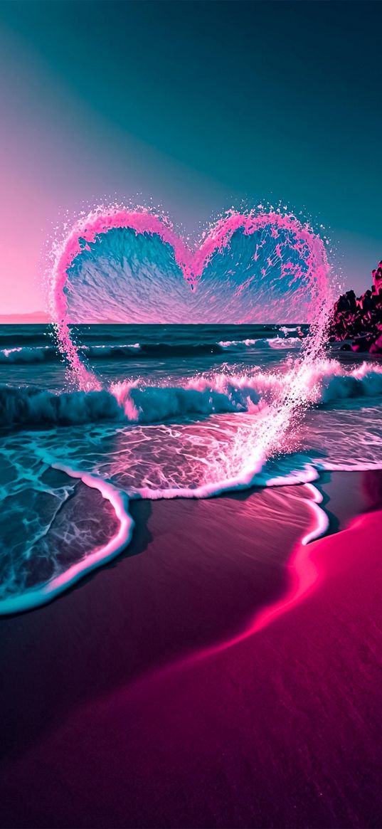 sea, waves, heart, foam, beach, nature