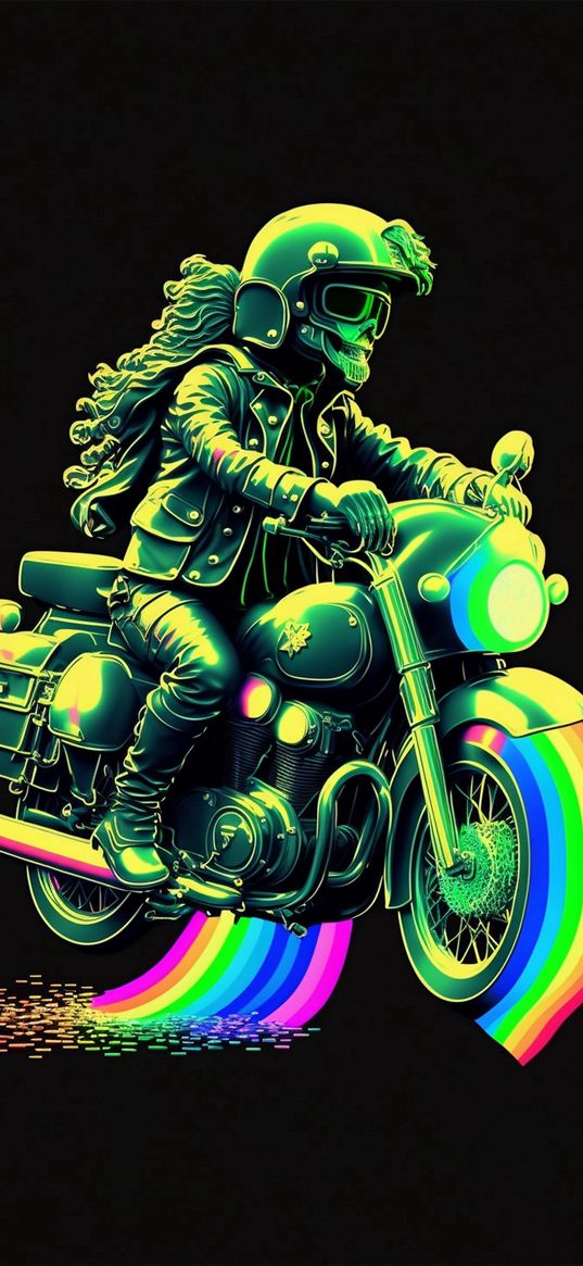 motorcycle, biker, rainbow, helmet, drawing