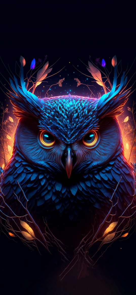 owl, bird, branches, leaves, stars, blue, dark, art