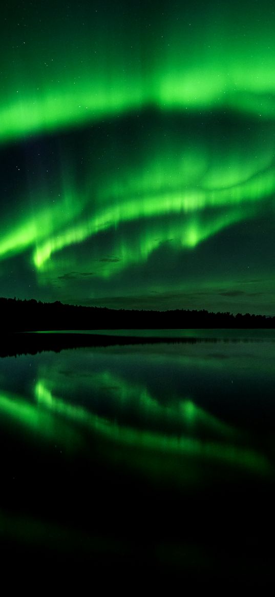 northern lights, green, night, lake, nature