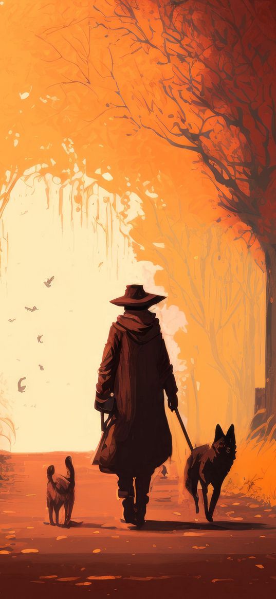 man, raincoat, hat, dog, forest, autumn, art