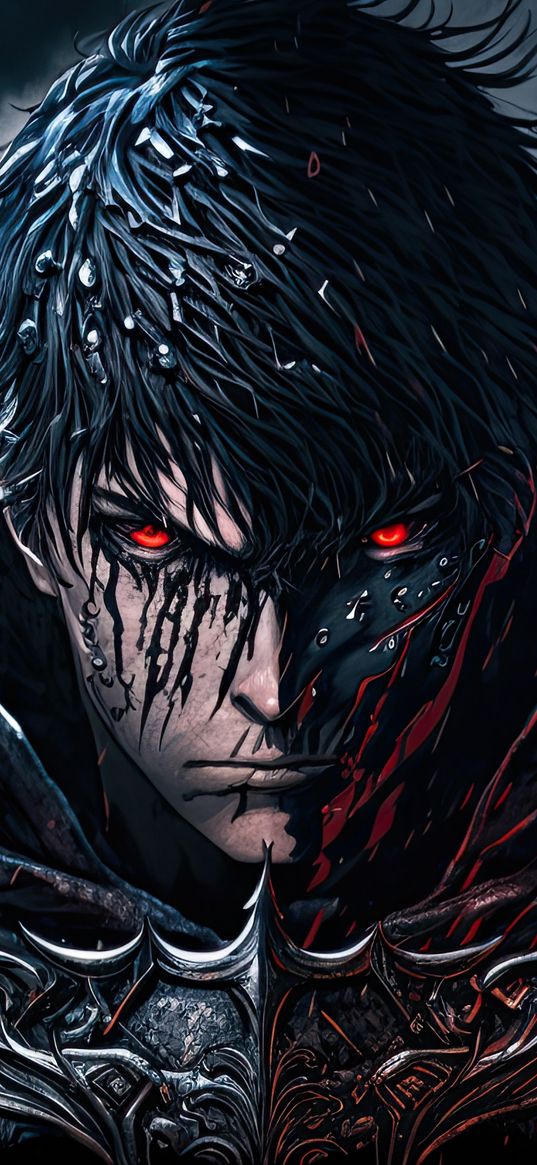 gats, berserk, anime, art, face, red eyes, drops