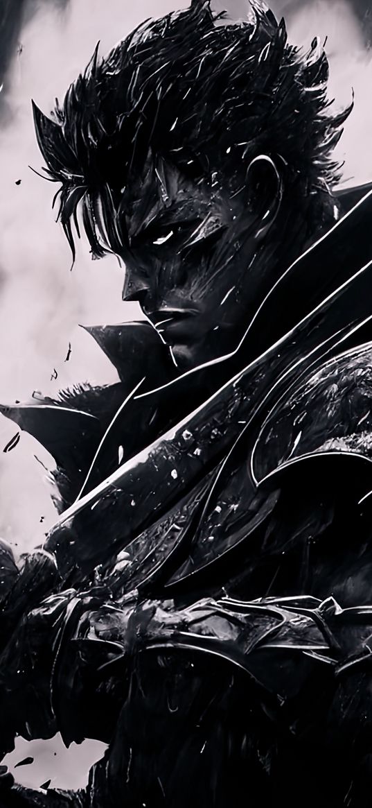 gats, berserk, anime, art, man, rain, armor, sword