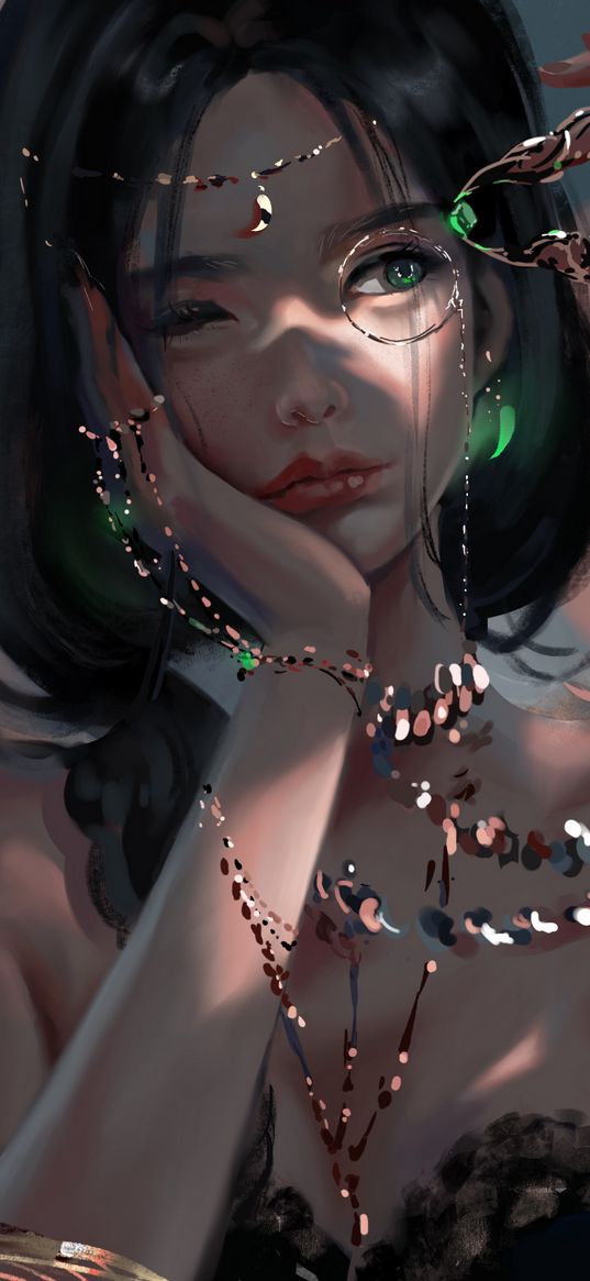 girl, anime, art, jewelry, emerald