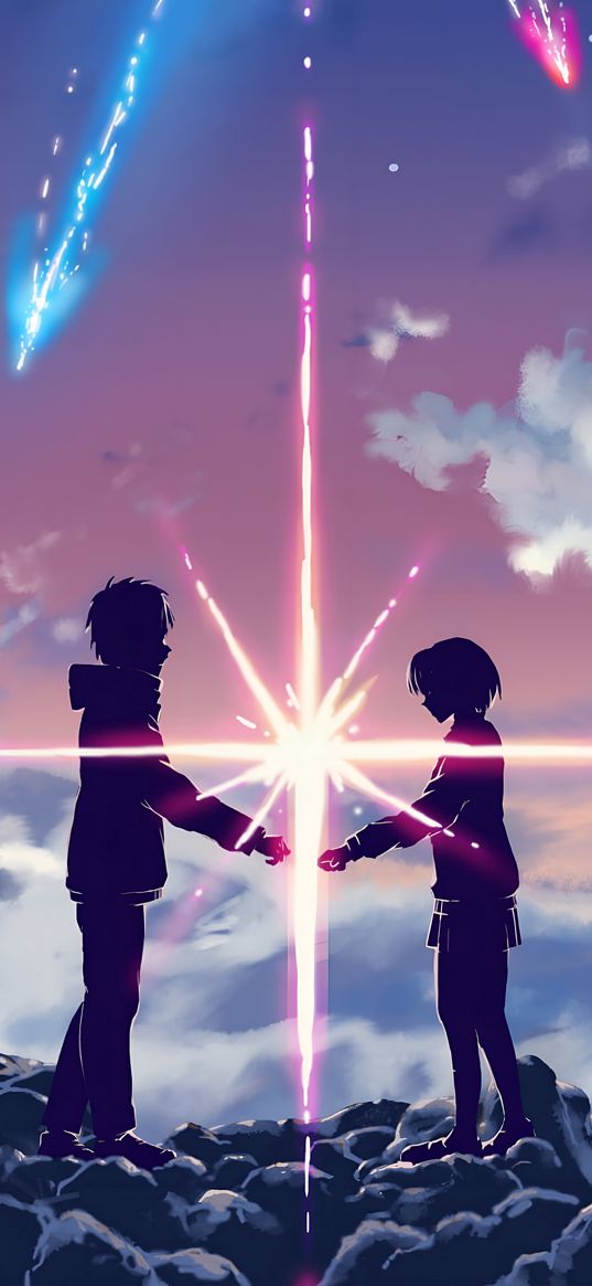 taki, mitsuha, your name, anime, couple, silhouette, love, star, comets, clouds, sky, sunset, art