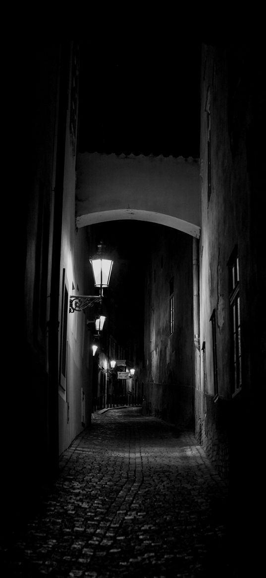 street, lights, paving stones, night