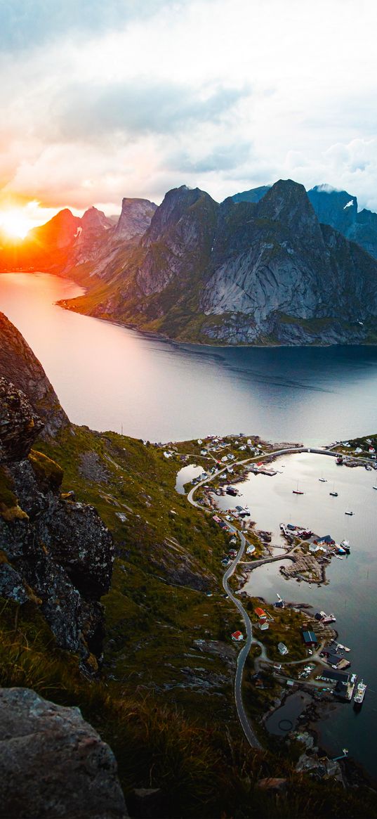 boats, houses, village, lakes, mountains, valley, sun, sunset, clouds, sky, landscape, nature