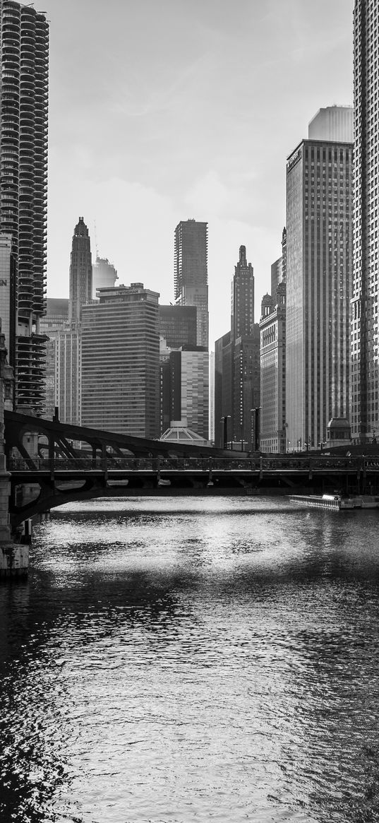 river, bridge, buildings, skyscrapers, black and white, chicago, usa