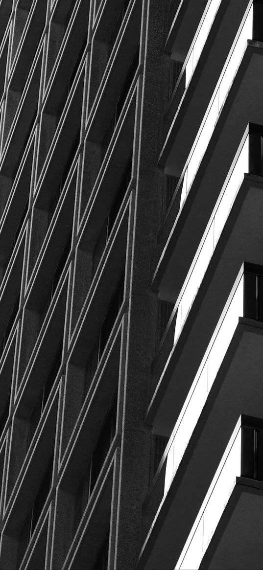 balconies, edges, facade, building, black and white