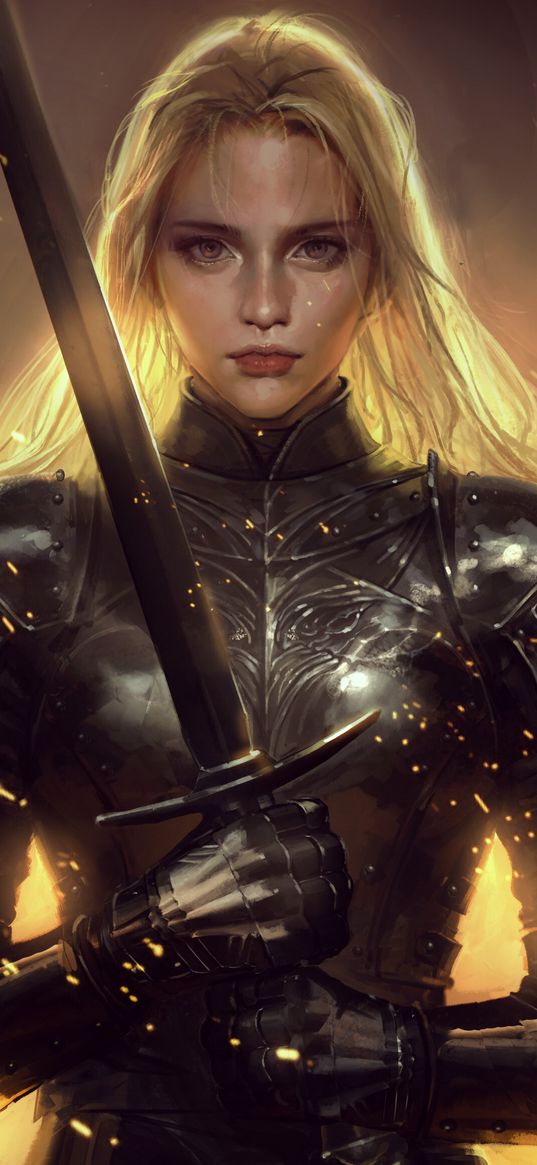 woman, knight, warrior, armor, blond, fire, art