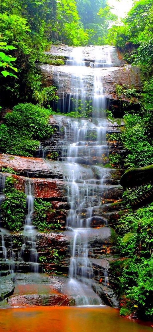 waterfall, trees, grass, dinosaur