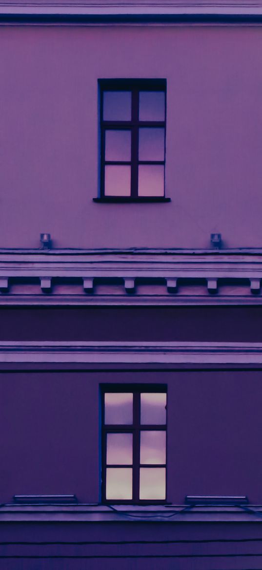 house, windows, reflection, sunset, purple