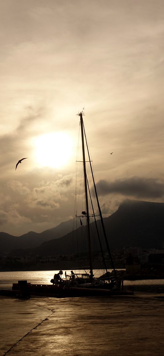 boat, mast, lake, mountains, dark