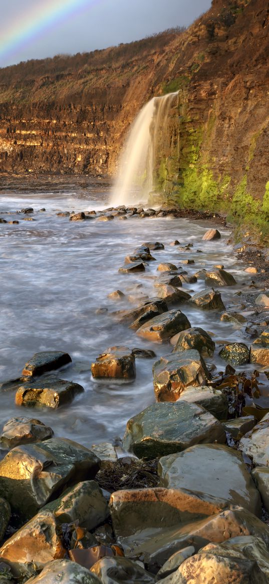 waterfall, stones, sea, cliffs, rainbow, nature