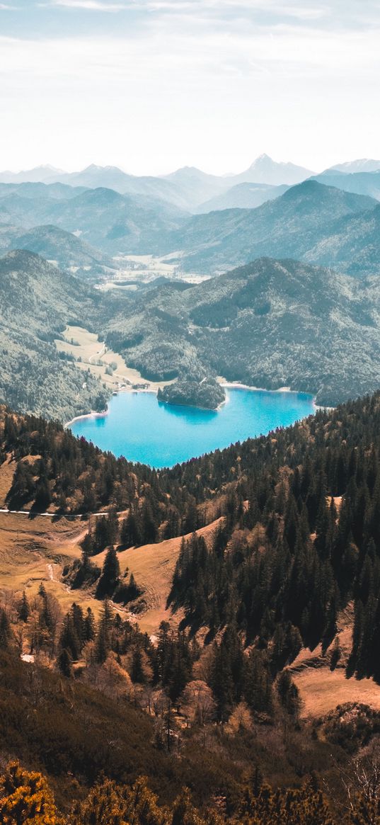 mountains, lake, trees, slopes, nature