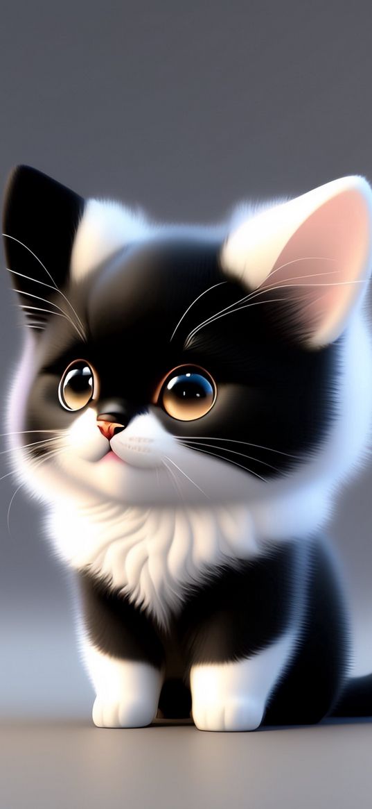 kitten, black, white, fluffy, 3d, art