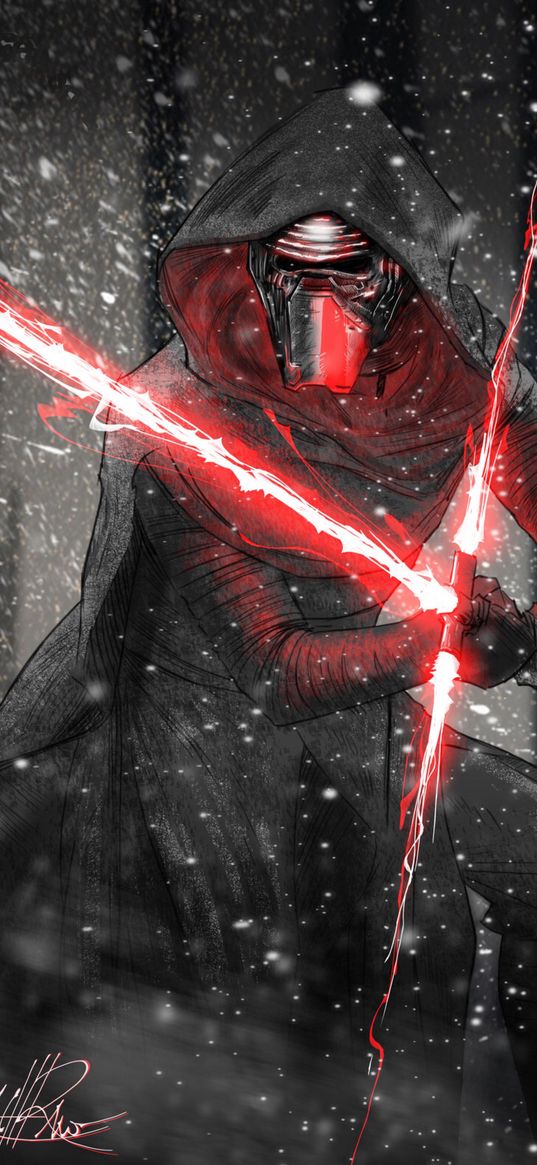 kylo ren, star wars, character, sword, laser, red, black and white, art