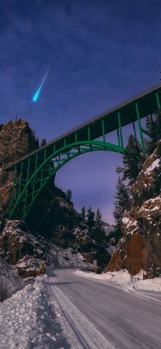 road, hillside, overpass, snow, night sky, comet