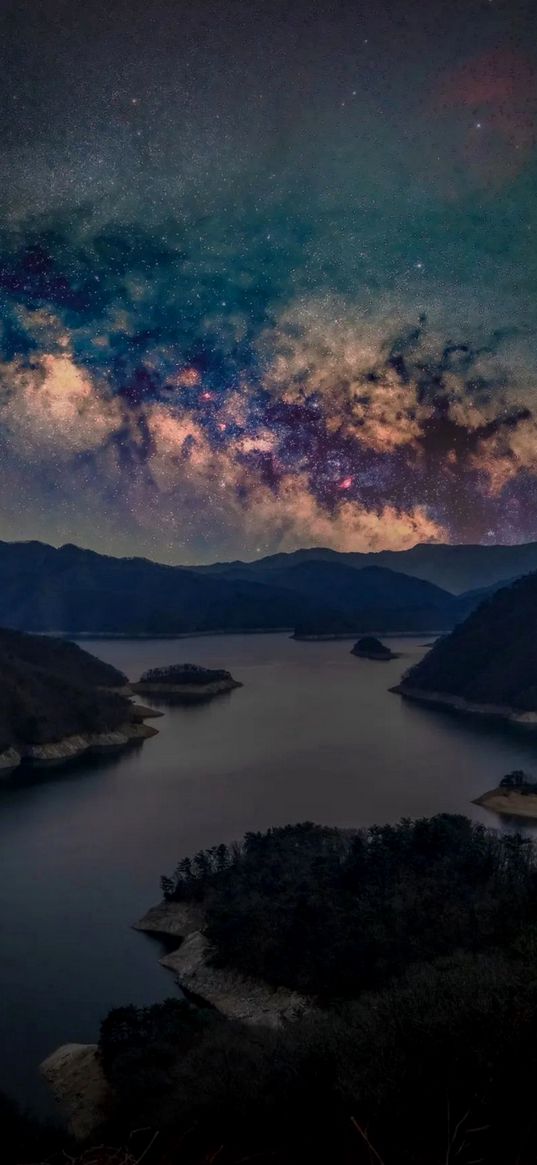 river, hills, forests, milky way, nature