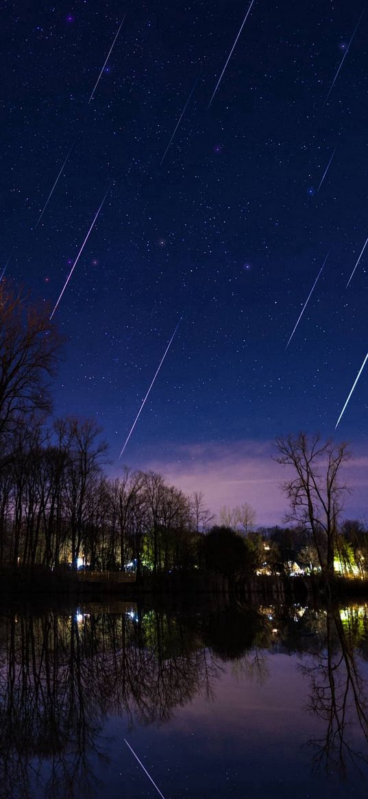 lake, reflection, trees, starry sky, meteors