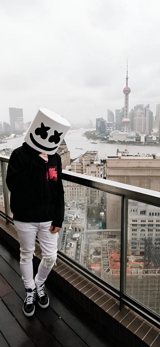 marshmallo, dj, mask, emoticon, city, fog