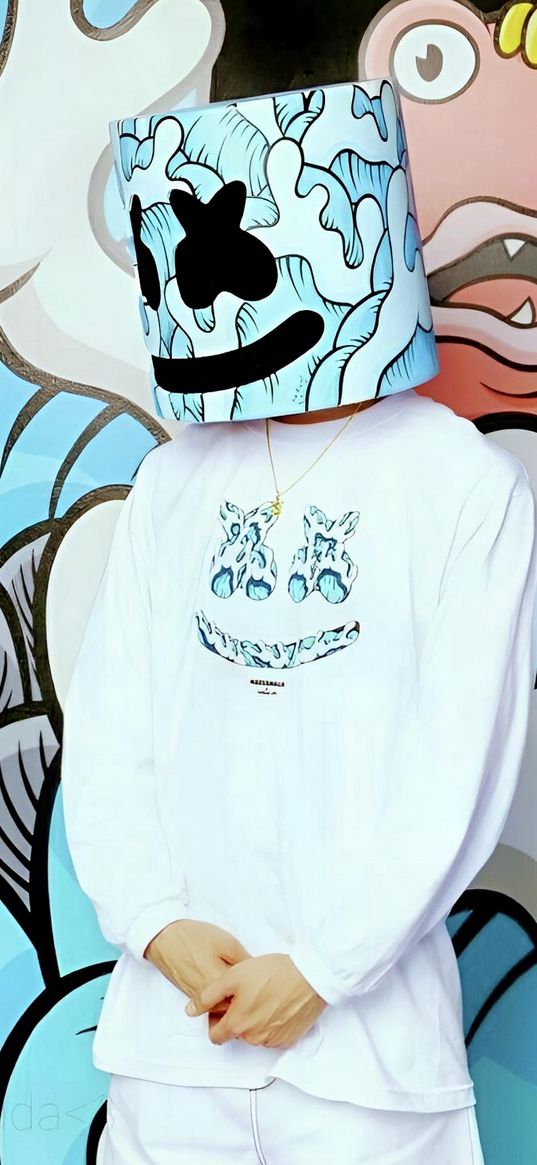 marshmallo, dj, mask, graffiti, pattern, blue, white