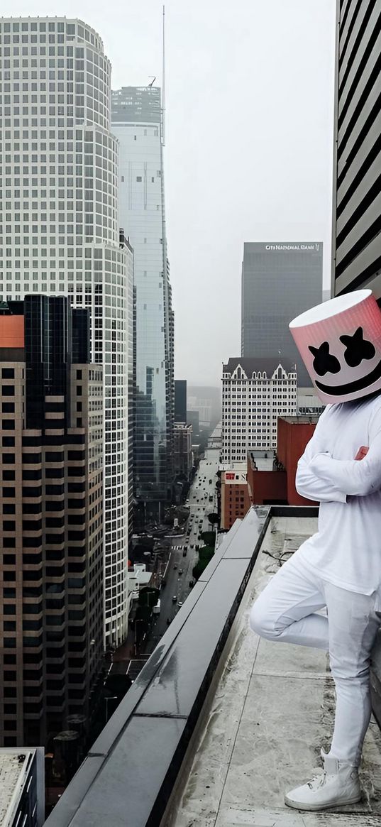 marshmallo, dj, mask, city, buildings