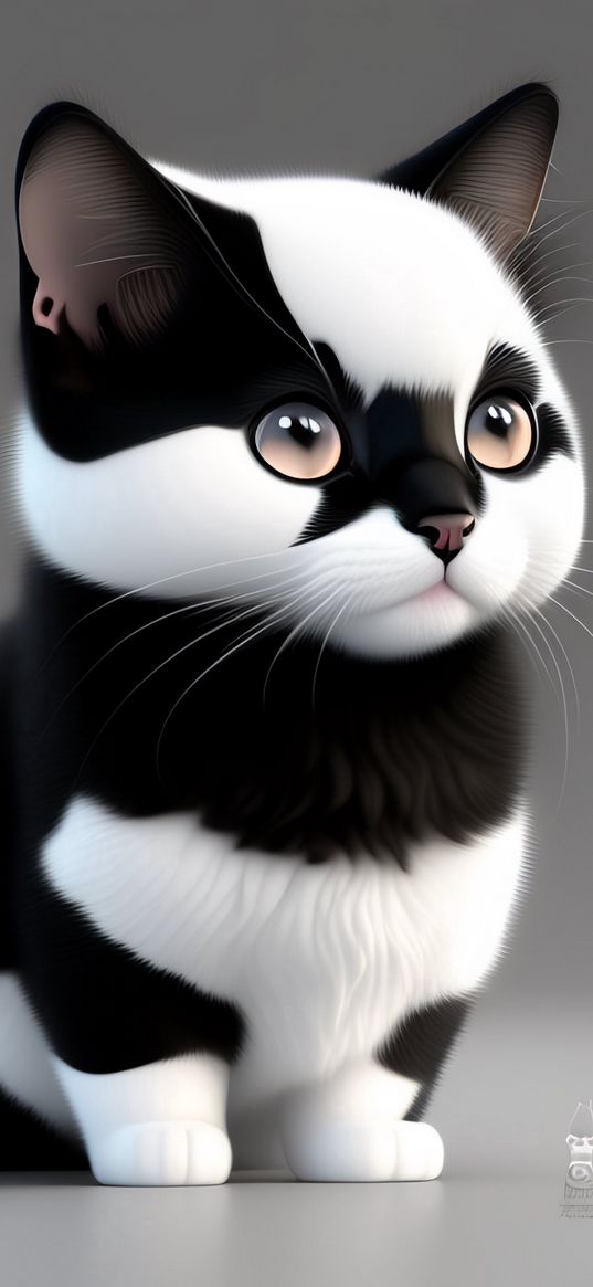 kitten, black, white, 3d, art