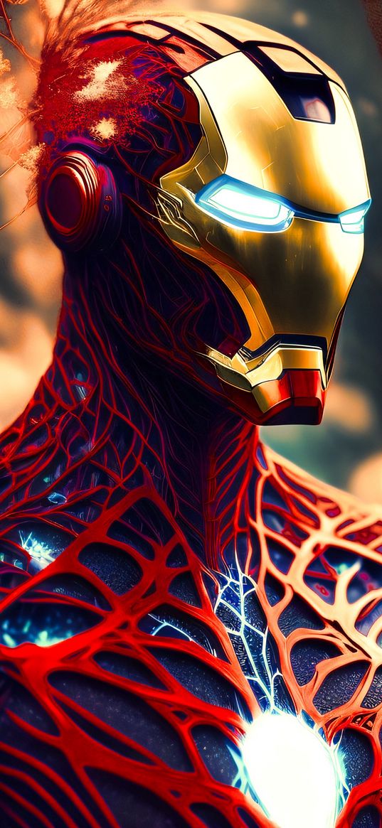 iron man, superhero, nerves, web, lights, bokeh, ai, art