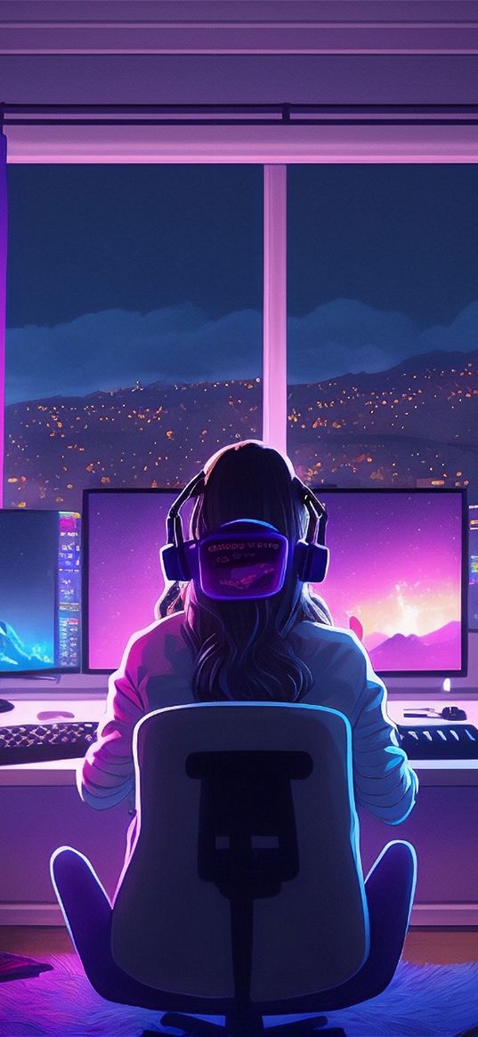 girl, headphones, pc, computer, room, neon, window, night, ai, art